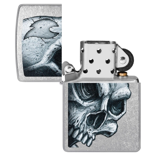 Зажигалка ZIPPO Skull and Flame с покрытием Street Chrome, латунь/сталь, серебристая, матовая, 38x13