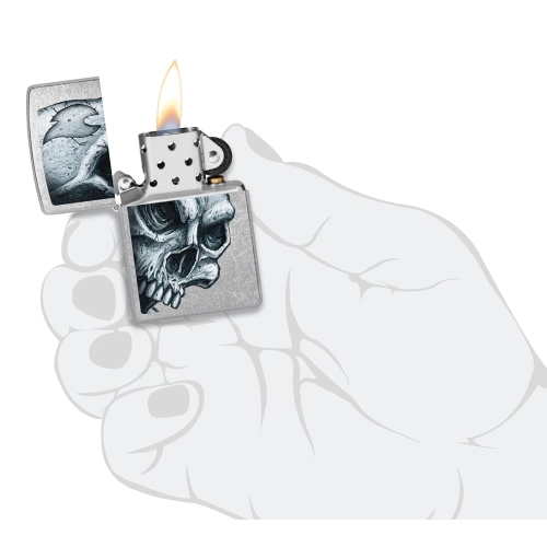 Зажигалка ZIPPO Skull and Flame с покрытием Street Chrome, латунь/сталь, серебристая, матовая, 38x13