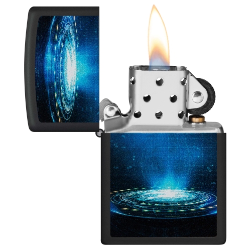 Зажигалка Zippo UFO Flame с покрытием Black Light, латунь/сталь, черная, матовая, 38x13x57 мм