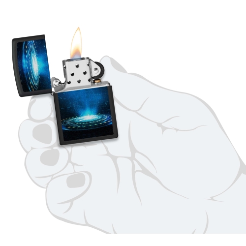 Зажигалка Zippo UFO Flame с покрытием Black Light, латунь/сталь, черная, матовая, 38x13x57 мм