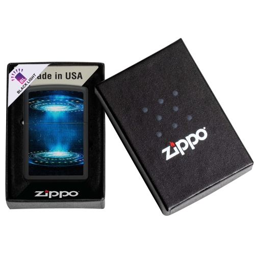 Зажигалка Zippo UFO Flame с покрытием Black Light, латунь/сталь, черная, матовая, 38x13x57 мм