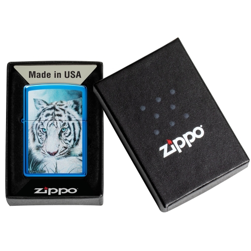 Зажигалка Zippo White Tiger с покрытием High Polish Blue, латунь/сталь, синяя, 38x13x57 мм