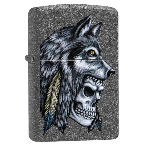 Зажигалка Zippo Wolf Skull с покрытием Iron Stone, латунь/сталь, серая, матовая, 38x13x57 мм