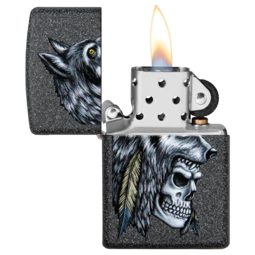 Зажигалка Zippo Wolf Skull с покрытием Iron Stone, латунь/сталь, серая, матовая, 38x13x57 мм