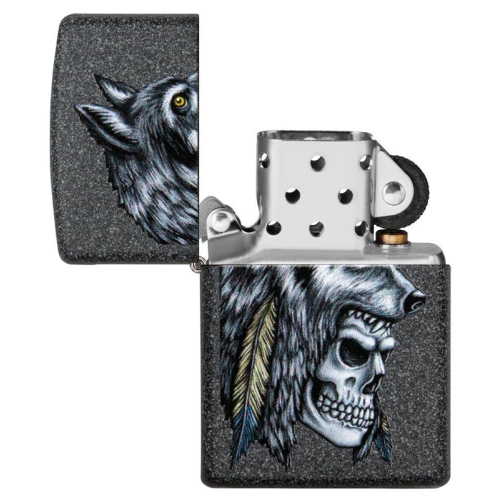 Зажигалка Zippo Wolf Skull с покрытием Iron Stone, латунь/сталь, серая, матовая, 38x13x57 мм