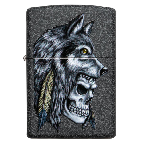 Зажигалка Zippo Wolf Skull с покрытием Iron Stone, латунь/сталь, серая, матовая, 38x13x57 мм