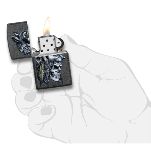 Зажигалка Zippo Wolf Skull с покрытием Iron Stone, латунь/сталь, серая, матовая, 38x13x57 мм
