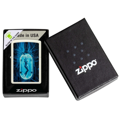 Зажигалка Zippo Woman in Tube с покрытием Glow In The Dark Green, латунь/сталь, белая, 38x13x57 мм