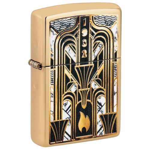 Зажигалка ZIPPO Пламя в стиле ар-деко с покрытием Глянцевая латунь | Art Deco Flame High Polish Bras