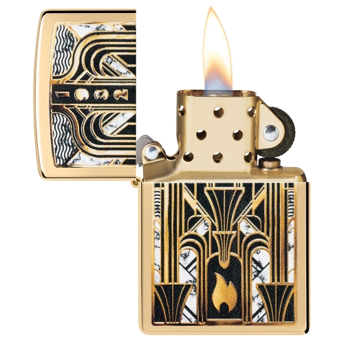 Зажигалка ZIPPO Пламя в стиле ар-деко с покрытием Глянцевая латунь | Art Deco Flame High Polish Bras