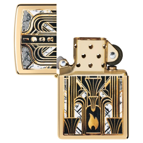 Зажигалка ZIPPO Пламя в стиле ар-деко с покрытием Глянцевая латунь | Art Deco Flame High Polish Bras