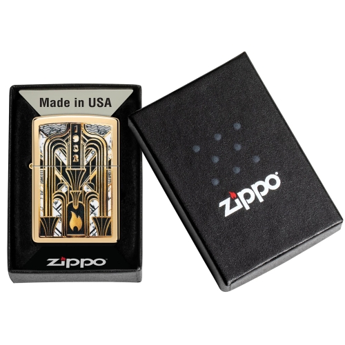 Зажигалка ZIPPO Пламя в стиле ар-деко с покрытием Глянцевая латунь | Art Deco Flame High Polish Bras