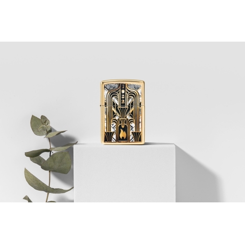 Зажигалка ZIPPO Пламя в стиле ар-деко с покрытием Глянцевая латунь | Art Deco Flame High Polish Bras