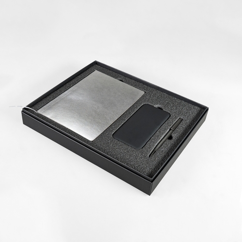 Набор подарочный SILVER: бизнес-блокнот, ручка и power bank в коробке с ложементом