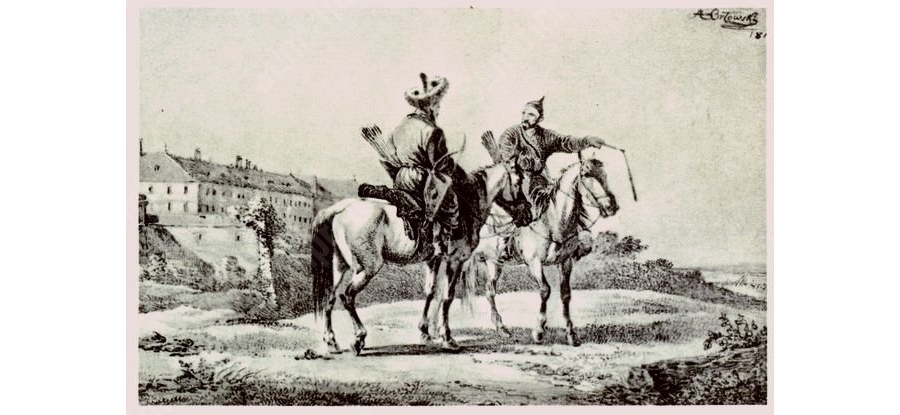 А. Орловский. «Башкир, спрашивающий дорогу у киргиза». Литография, 1816. Общественное достояние. Wikimedia Commons