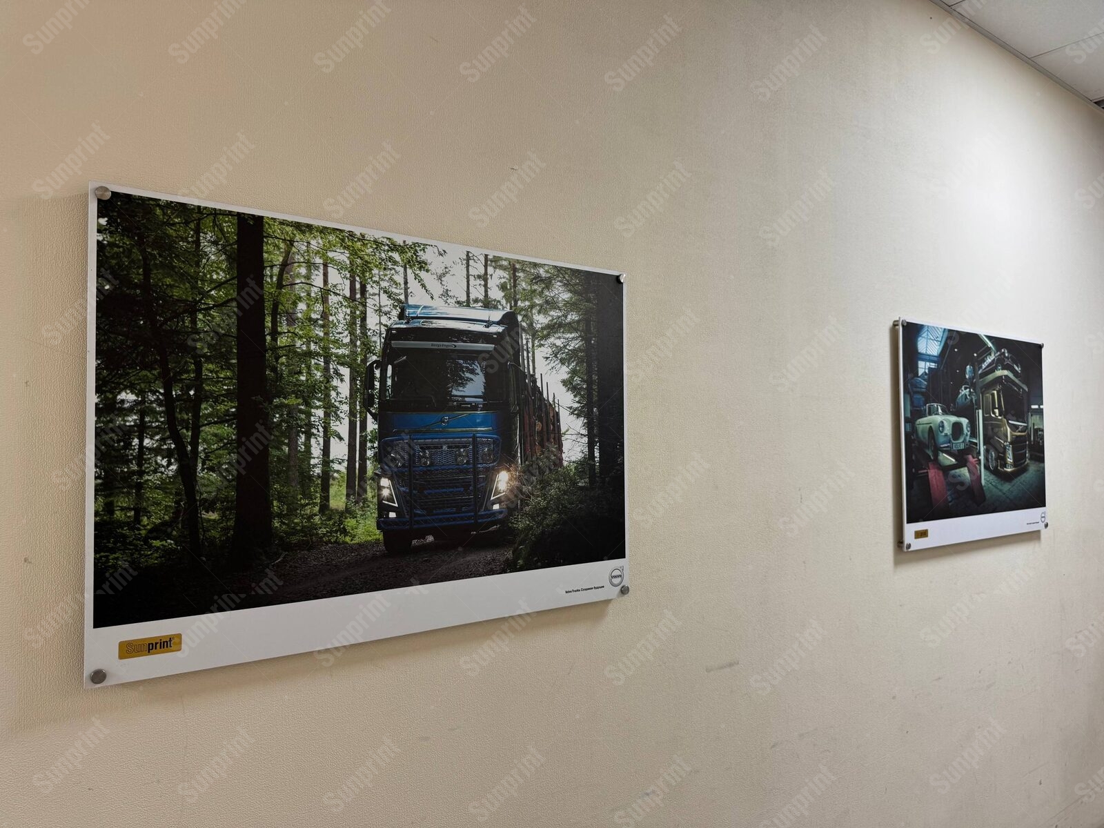 Галерея фотопанелей на дистанционных держателях в коридоре офиса
